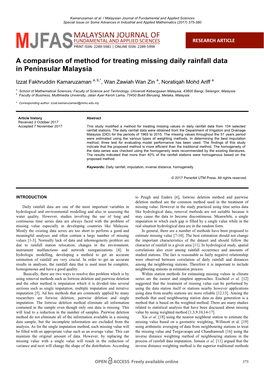 A Comparison of Method for Treating Missing Daily Rainfall Data in Peninsular Malaysia