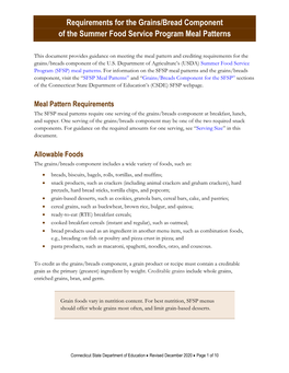 Grains/Bread Component of the SFSP Meal Patterns