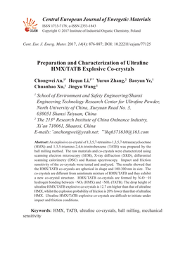 Preparation and Characterization of Ultrafine HMX/TATB Explosive Co-Crystals