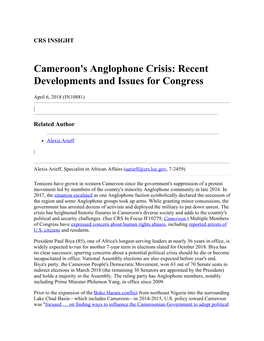 Cameroon's Anglophone Crisis: Recent Developments and Issues for Congress