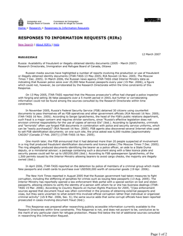 Russia: Availability of Fraudulent Or Illegally Obtained Identity Documents (2005 - March 2007) Research Directorate, Immigration and Refugee Board of Canada, Ottawa