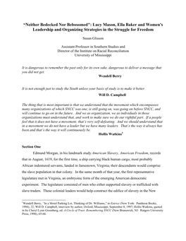 “Neither Bedecked Nor Bebosomed": Lucy Mason, Ella Baker and Women's Leadership and Organizing Strategies in the Struggle for Freedom