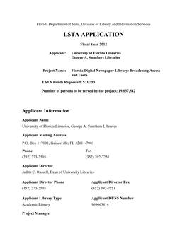 Florida Department of State, Division of Library and Information Services LSTA APPLICATION