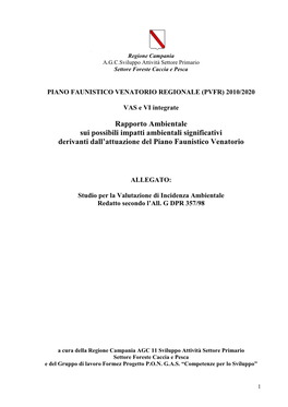Piano Faunistico Venatorio Regionale (Pvfr) 2010/2020