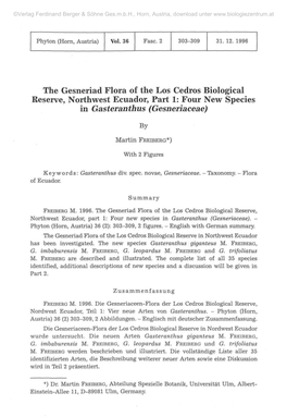 The Gesneriad Flora of the Los Cedros Biological Reserve, Northwest Ecuador, Part 1: Four New Species in Gasteranthus (Gesneriaceae)