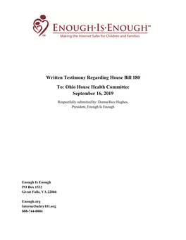 Written Testimony Regarding House Bill 180 To: Ohio House Health Committee September 16, 2019