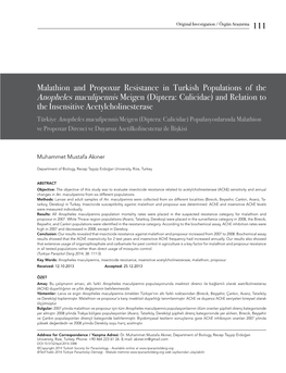 111 Malathion and Propoxur Resistance in Turkish Populations of the Anopheles Maculipennis Meigen (Diptera: Culicidae) and Relat