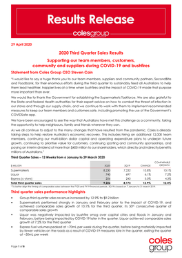 2020 Third Quarter Sales Results Supporting Our Team Members