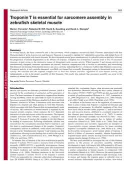 Troponin T Is Essential for Sarcomere Assembly in Zebrafish Skeletal Muscle