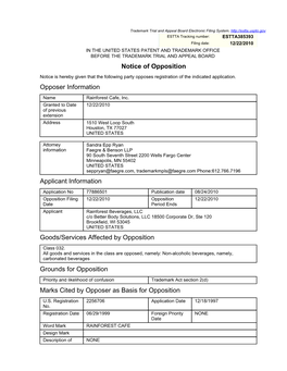 Notice of Opposition Opposer Information Applicant Information