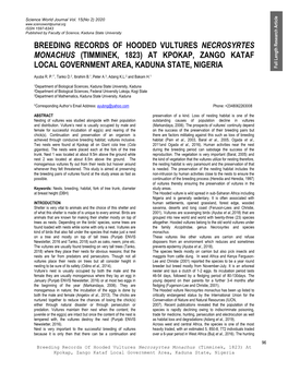 Breeding Records of Hooded Vultures Necrosyrtes Monachus (Timminek, 1823) at Kpokap, Zango Kataf