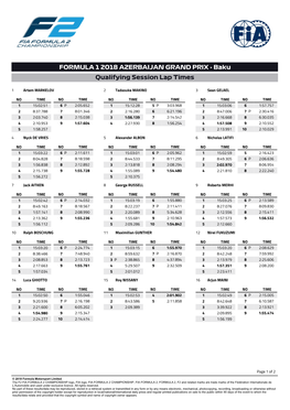 FORMULA 1 2018 AZERBAIJAN GRAND PRIX - Baku Qualifying Session Lap Times