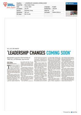 'Leadership Changes Coming Soon'