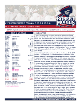 9/9 ROBERT MORRIS COLONIALS (18-7-4, 12-3-3) Vs. SYRACUSE ORANGE (12-18-2, 11-6-1)