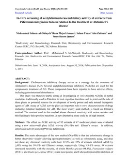 In-Vitro Screening of Acetylcholinesterase Inhibitory Activity of Extracts from Palestinian Indigenous Flora in Relation to the Treatment of Alzheimer’S Disease