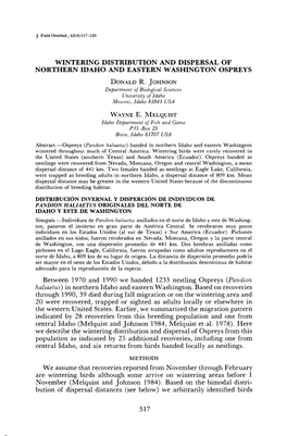 Wintering Distribution and Dispersal of Northern Idaho and Eastern Washington Ospreys