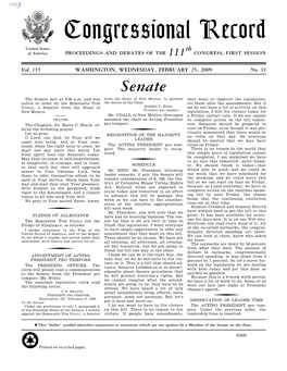 Congressional Record United States Th of America PROCEEDINGS and DEBATES of the 111 CONGRESS, FIRST SESSION