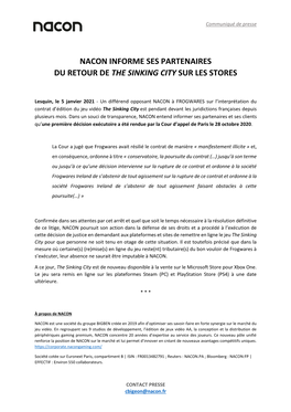 Nacon Informe Ses Partenaires Du Retour De the Sinking City Sur Les Stores