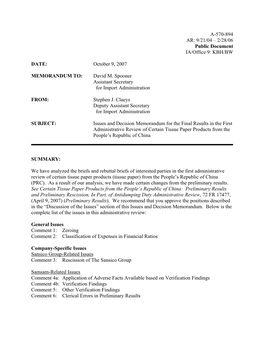 Issues and Decision Memorandum for the Final Results in the First Administrative Review of Certain Tissue Paper Products from the People’S Republic of China