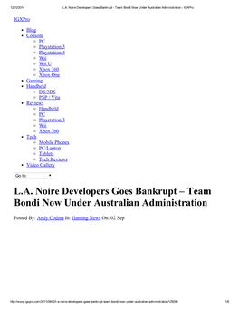 L.A. Noire Developers Goes Bankrupt – Team Bondi Now Under Australian Administration
