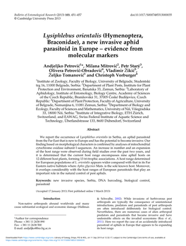 Lysiphlebus Orientalis (Hymenoptera, Braconidae), a New Invasive Aphid Parasitoid in Europe – Evidence from Molecular Markers