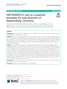 VWF/ADAMTS13 Ratio As a Potential Biomarker for Early Detection Of