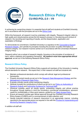 Research Ethics Policy CU-RIO-POL-2.0 – V9