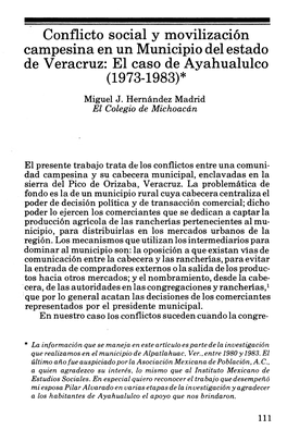Conflicto Social Y Movilización Campesina En Un Municipio Del Estado De Veracruz: El Caso De Ayahualulco (1973-1983)*