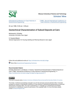 Geotechnical Characterization of Subsoil Deposits at Cairo