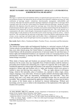 Page | 124 RIGHT to MARRY and the REVISIONISTS' ADVOCACY: a FUNDAMENTAL JURISPRUDENTIAL RE-READING* Abstract 1. Introduction