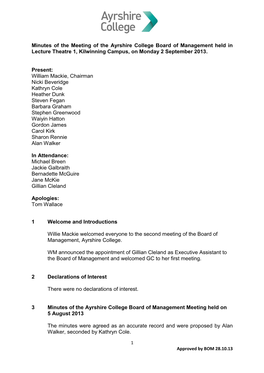 Minutes of the Meeting of the Ayrshire College Board of Management Held in Lecture Theatre 1, Kilwinning Campus, on Monday 2 September 2013