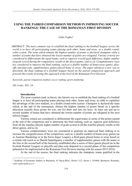 Using the Paired Comparison Method in Improving Soccer Rankings: the Case of the Romanian First Division