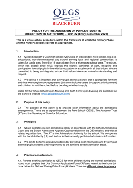 POLICY for the ADMISSION of PUPILS/STUDENTS (RECEPTION to SIXTH FORM) – 2021-22 (Entry September 2021)