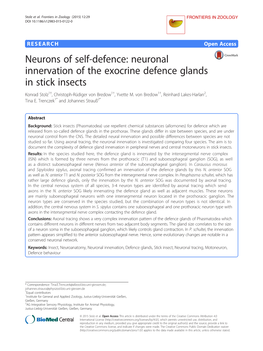 Neuronal Innervation of the Exocrine Defence Glands in Stick Insects Konrad Stolz1†, Christoph-Rüdiger Von Bredow1†, Yvette M
