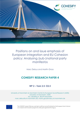 Positions on and Issue Emphasis of European Integration and EU Cohesion Policy: Analysing (Sub-)National Party Manifestos