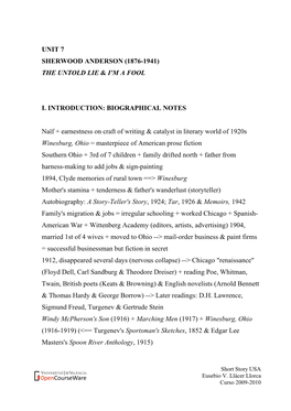 Sherwood Anderson (1876-1941) the Untold Lie & I'm a Fool