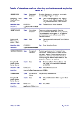 Details of Decisions Made on Planning Applications Week Beginning 03/09/2012