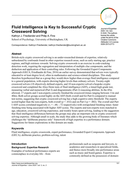 Fluid Intelligence Is Key to Successful Cryptic Crossword Solving