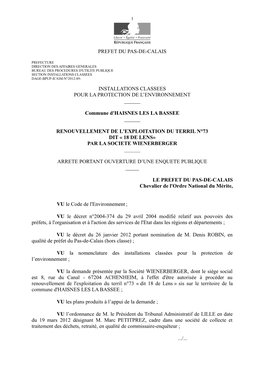 PREFET DU PAS-DE-CALAIS INSTALLATIONS CLASSEES POUR LA PROTECTION DE L'environnement ___Commune D'haisnes LES LA BASSEE __