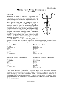 Mantis Study Group Newsletter, 1 (August 1996)