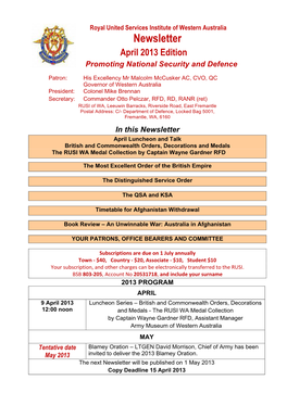 Newsletter April 2013 Edition Promoting National Security and Defence