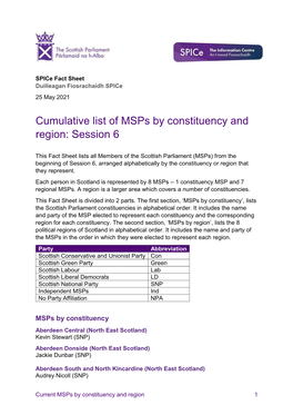 Cumulative List of Msps by Constituency and Region: Session 6