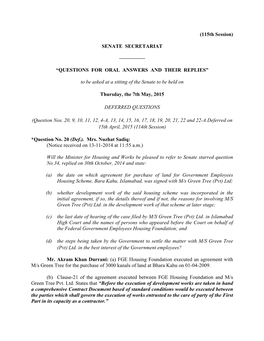 (115Th Session) SENATE SECRETARIAT ————— “QUESTIONS for ORAL ANSWERS and THEIR REPLIES” to Be Asked at a Si