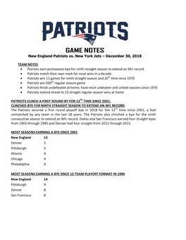 GAME NOTES New England Patriots Vs