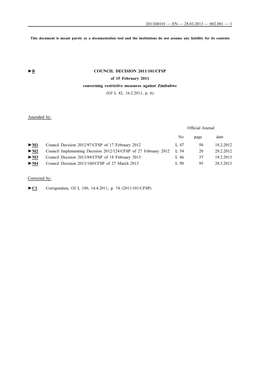 B COUNCIL DECISION 2011/101/CFSP of 15 February 2011 Concerning Restrictive Measures Against Zimbabwe (OJ L 42, 16.2.2011, P