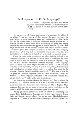 Is Basque an S. O. V. Language? «El Eúskara ..., Sin Pisotear Ley Alguna De La Natura- Leza, Tiene Construcción Contraria a La De Otras Lenguas.» (R