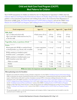 CACFP Meal Pattern for Children