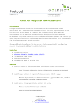 Nucleic Acid Precipitation from Dilute Solutions