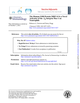 Neutrophils Integrin Mac-1 on 2Β Activator of the the Human S100 Protein MRP-14 Is a Novel