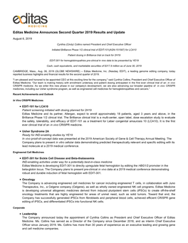 Editas Medicine Announces Second Quarter 2019 Results and Update